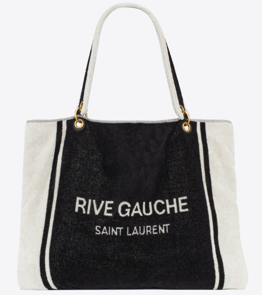 Saint Laurent Rive Gauche Black White Terry Beach Towel Logo Tote Shoulder Bag